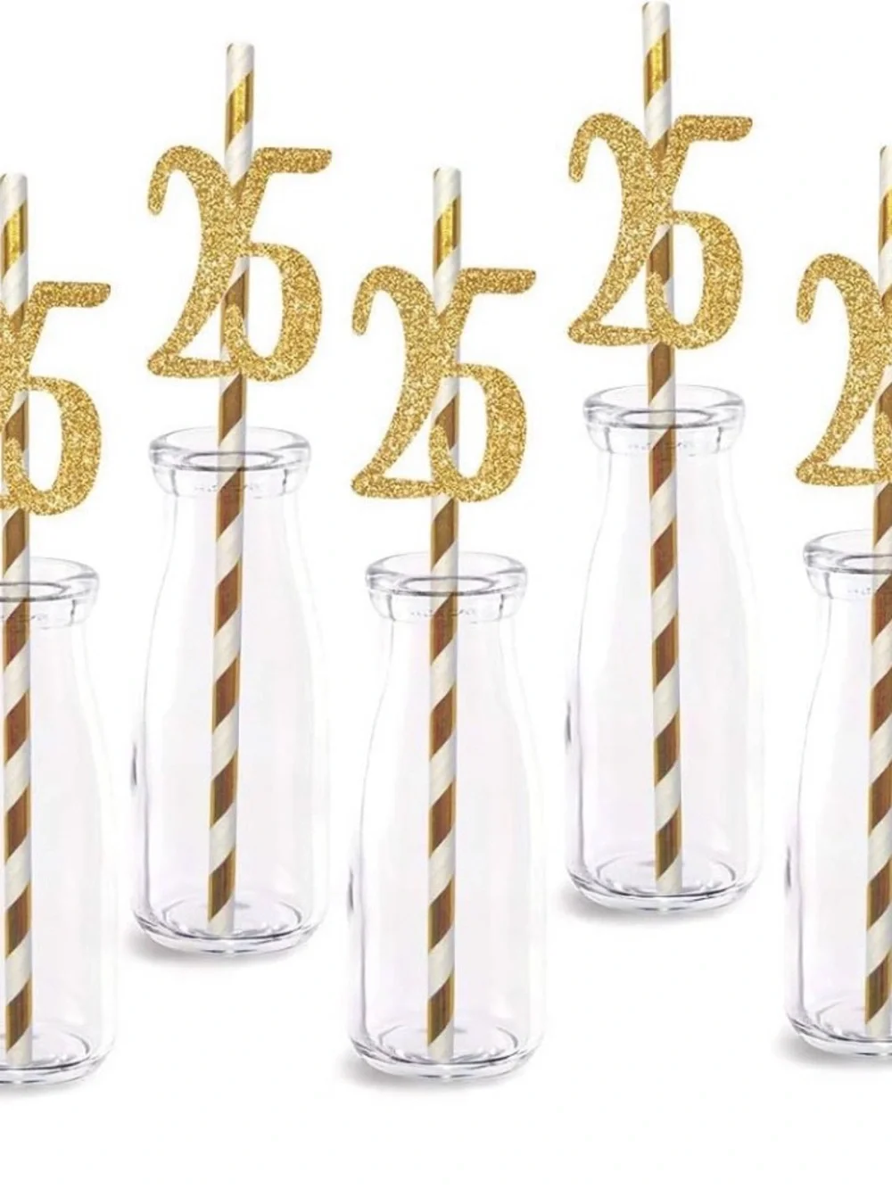 Amazon Gold Glitter '25' Party Straw Toppers with Striped Straws